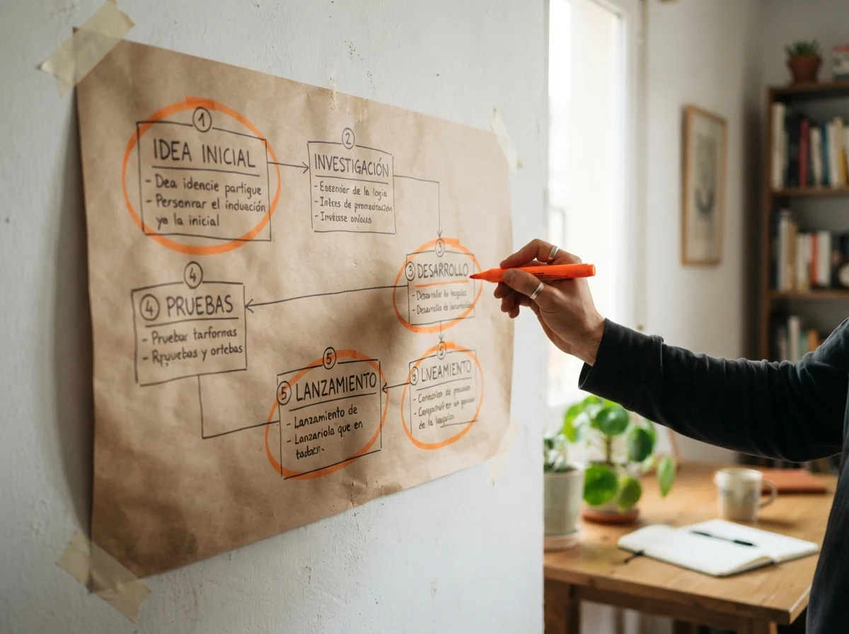 Mapa de objeciones dibujado a mano en papel kraft y marcado con resaltador naranja