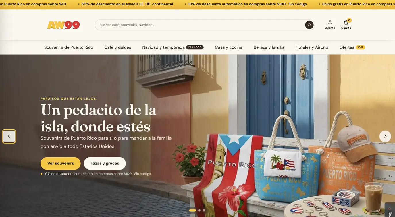 Diseño web de la tienda online All Ways 99, souvenirs y café de Puerto Rico