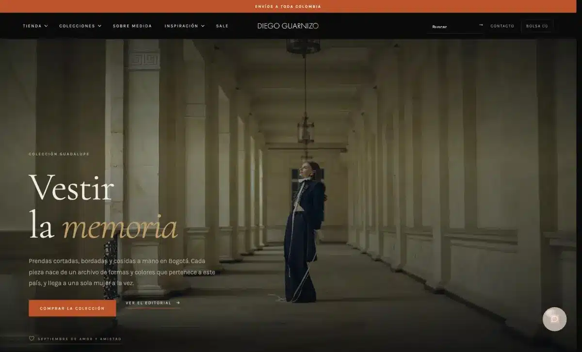 Diseño de la tienda online de Diego Guarnizo, moda de autor en Bogotá