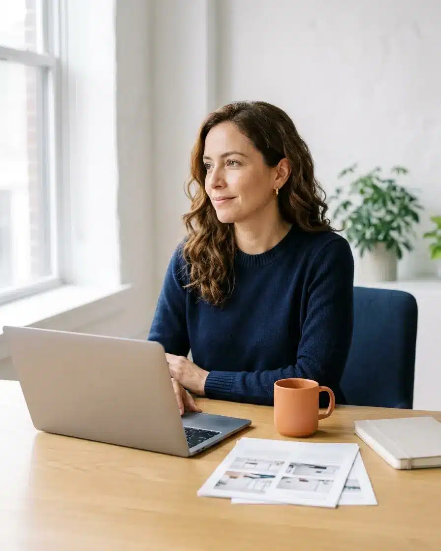 Diseñadora revisando en pantalla la estructura de una página web profesional para una empresa en Colombia