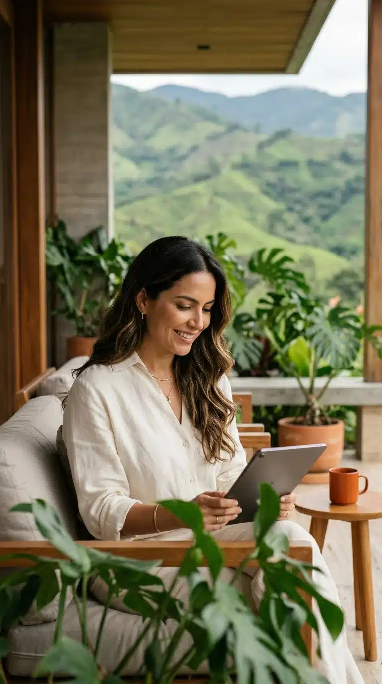 Empresaria en Armenia investiga proveedores en su tablet