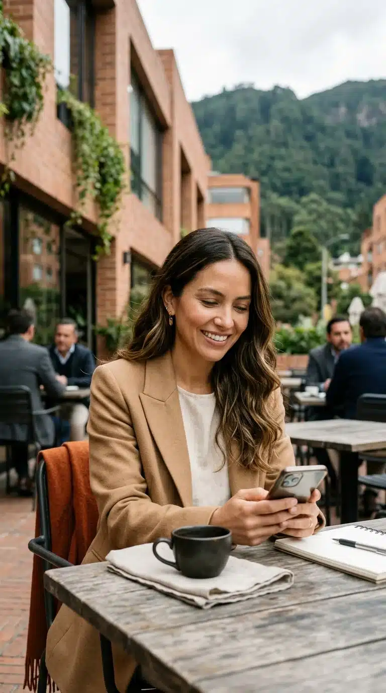 Empresaria en Bogotá busca un proveedor desde su celular en una terraza