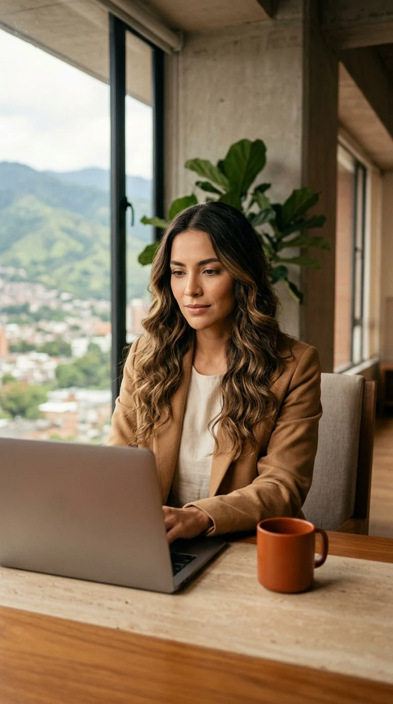 Empresaria en Pereira busca un proveedor en internet desde su laptop