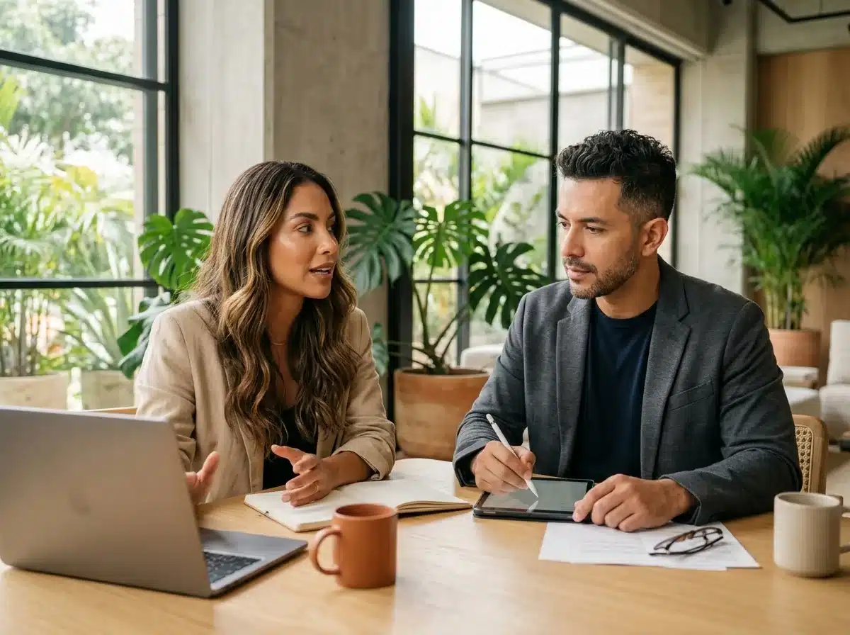 Gerente y consultor revisan márgenes y datos de clientes en una laptop