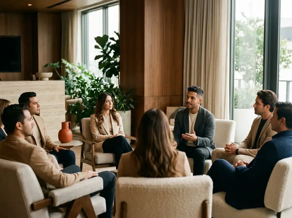 Socio de una firma de servicios profesionales da una charla a un grupo pequeño de empresarios