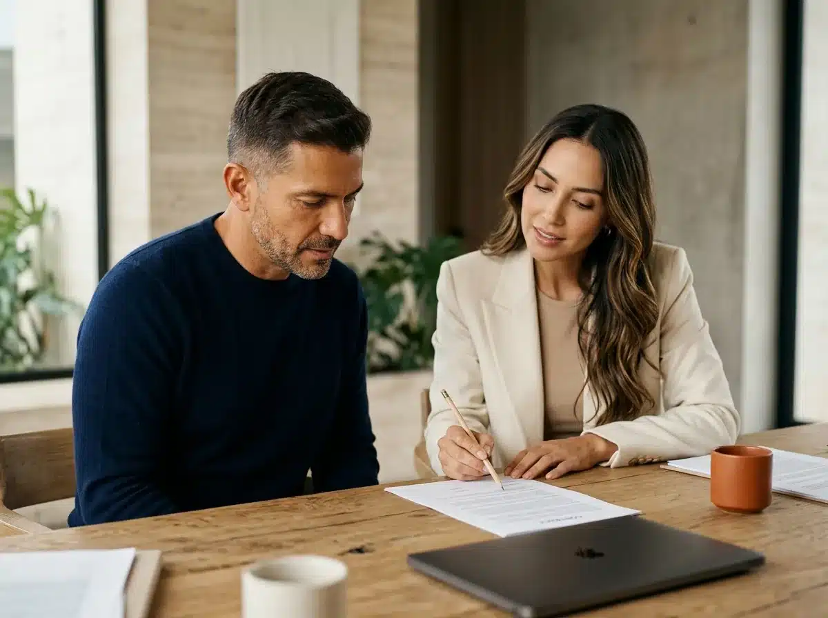 Gerente y asesora revisan las cláusulas de propiedad del contrato de diseño web