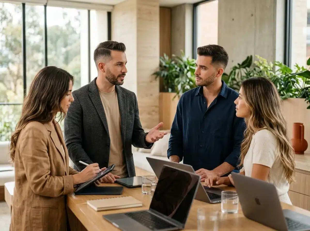 CMO fraccional coordina al equipo interno de marketing y a las agencias en una reunión de trabajo