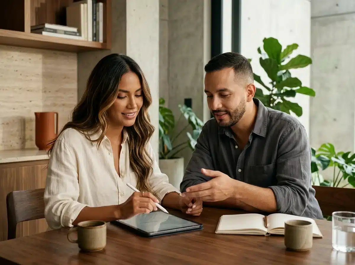 Dos socios corrigen frases de un texto comercial en una tablet