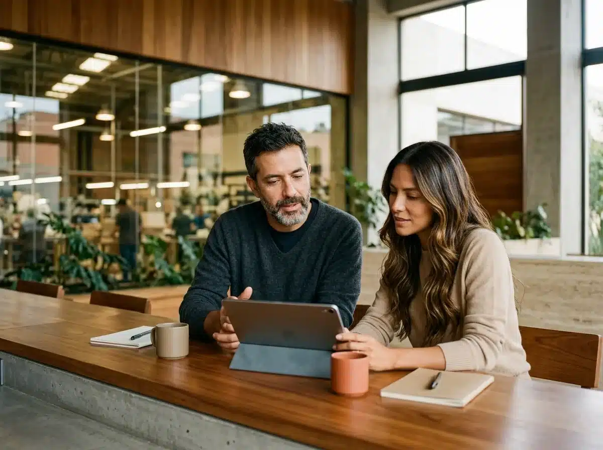 Gerentes comercial y de mercadeo revisan el avance de los negocios en una sala con vista a la planta