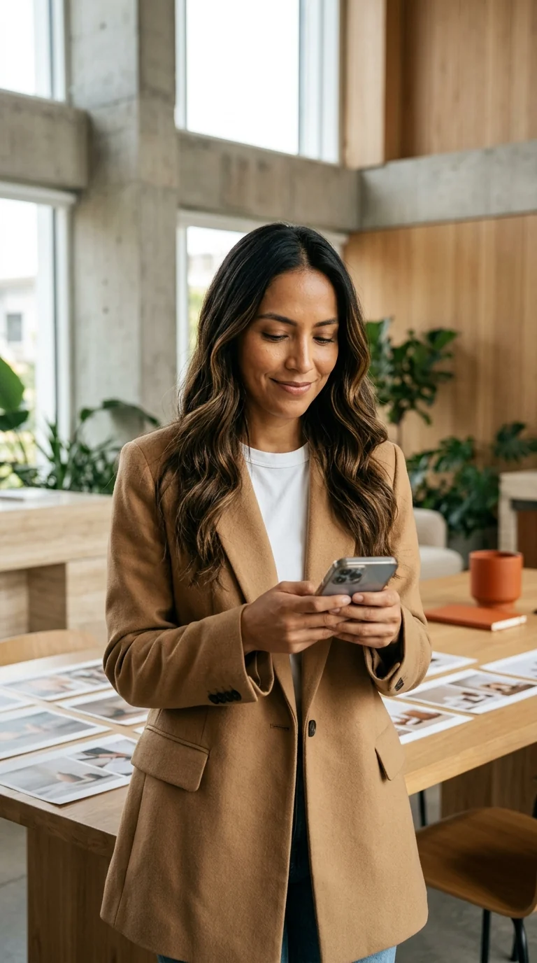 Directora de marketing revisa un anuncio de Meta Ads en su celular antes de publicarlo