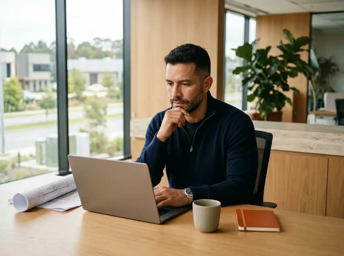 Jefe de compras de una empresa industrial compara proveedores en su laptop antes de contactarlos