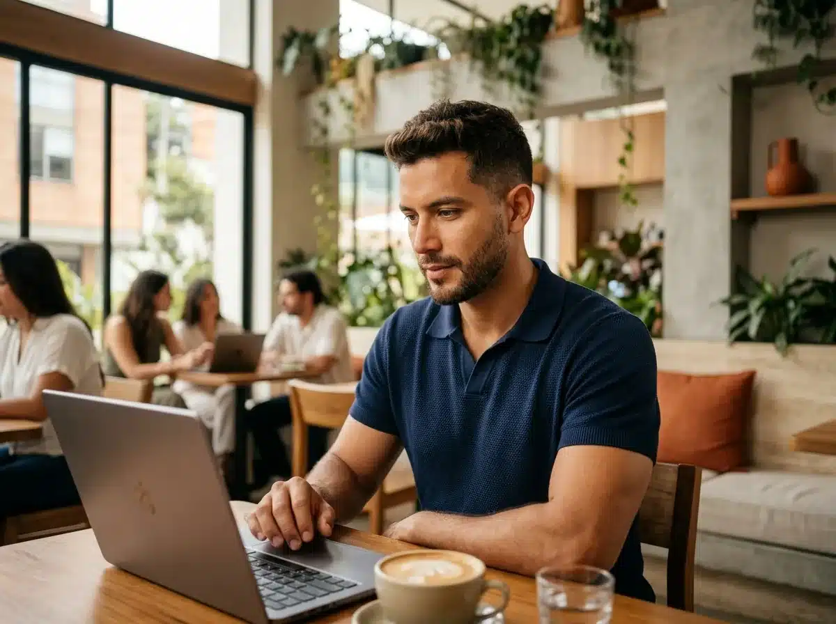 Gerente revisa con atención el texto de una página web en su portátil
