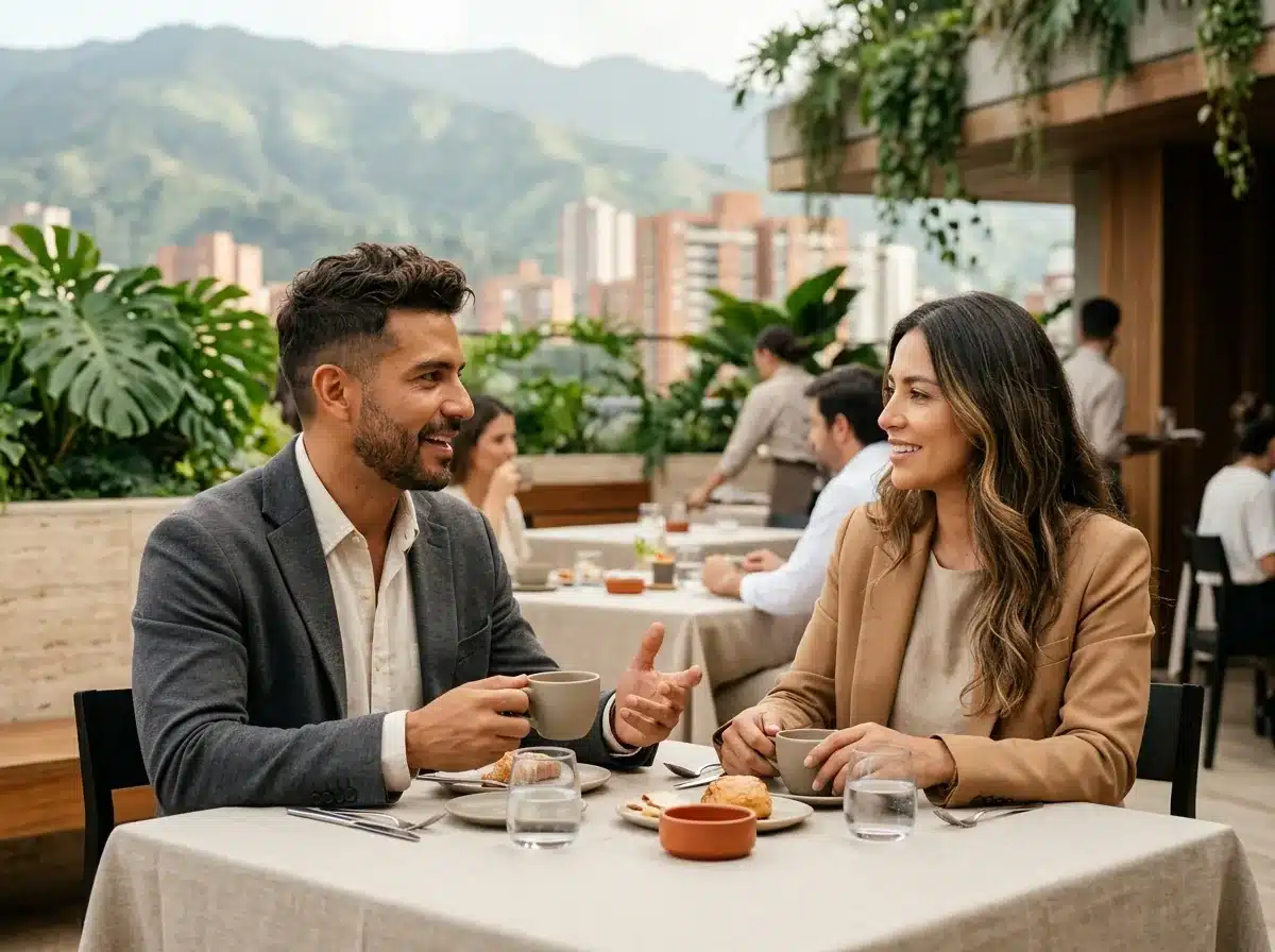 Fundador conversa con una ejecutiva en un desayuno empresarial, construyendo relación de marca