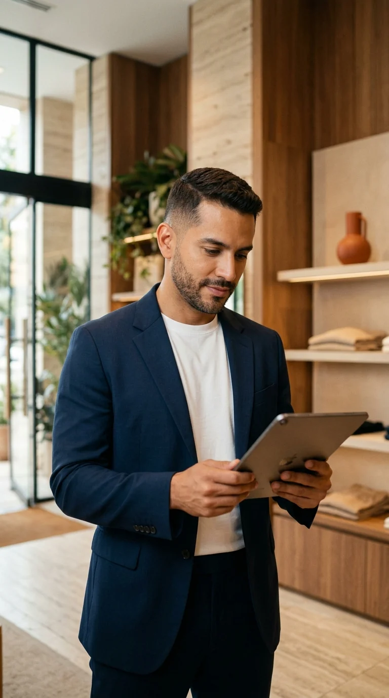 Gerente de marca revisa el posicionamiento en Google en su tienda insignia