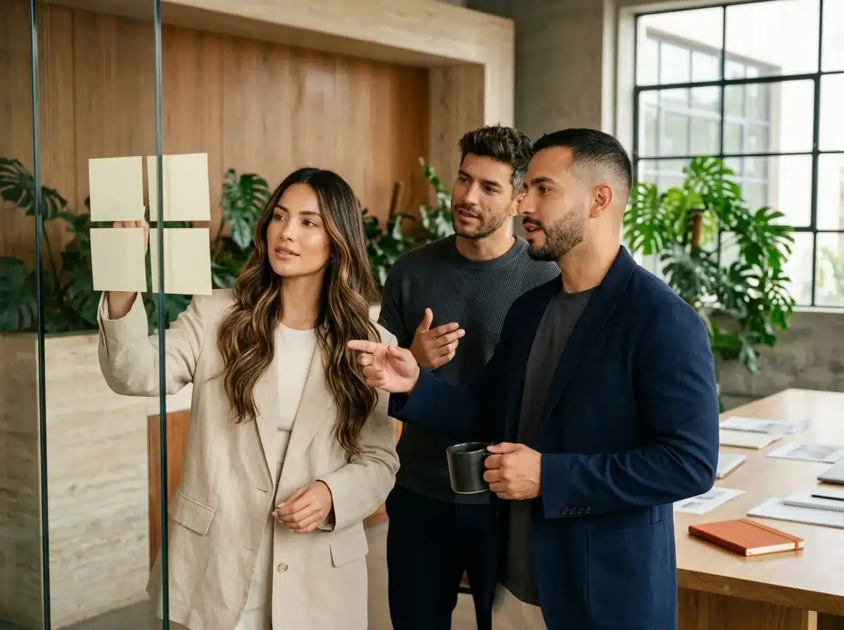Equipo directivo ordena prioridades en una matriz de impacto y esfuerzo para su plan de 90 días