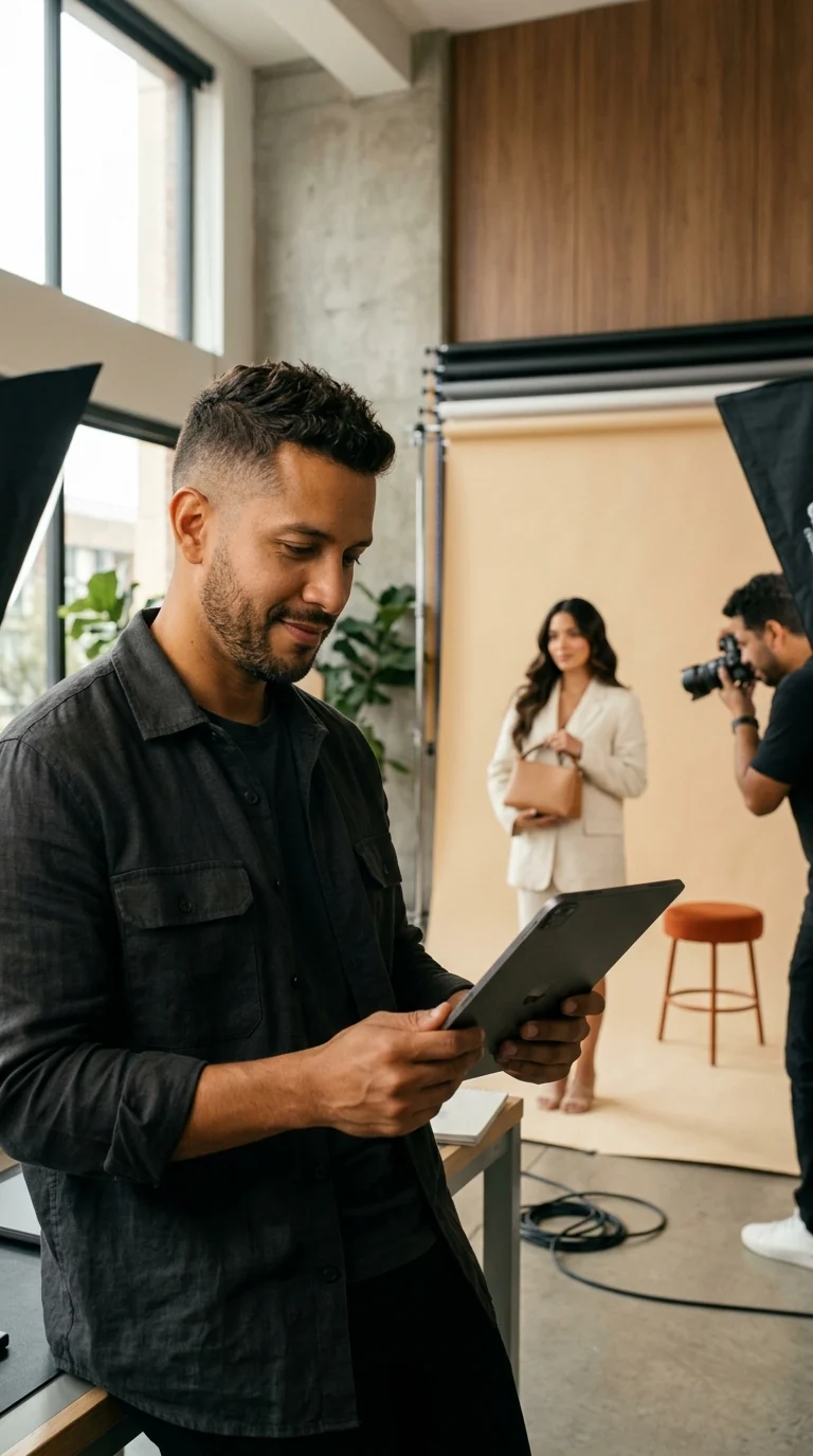 Director creativo revisa la toma en una sesión de fotos para anuncios de Meta Ads