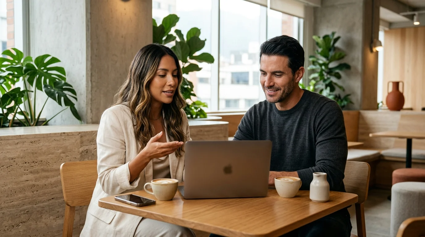 Estratega de Meta Ads y dueño de la marca revisan los resultados de la campaña en una laptop