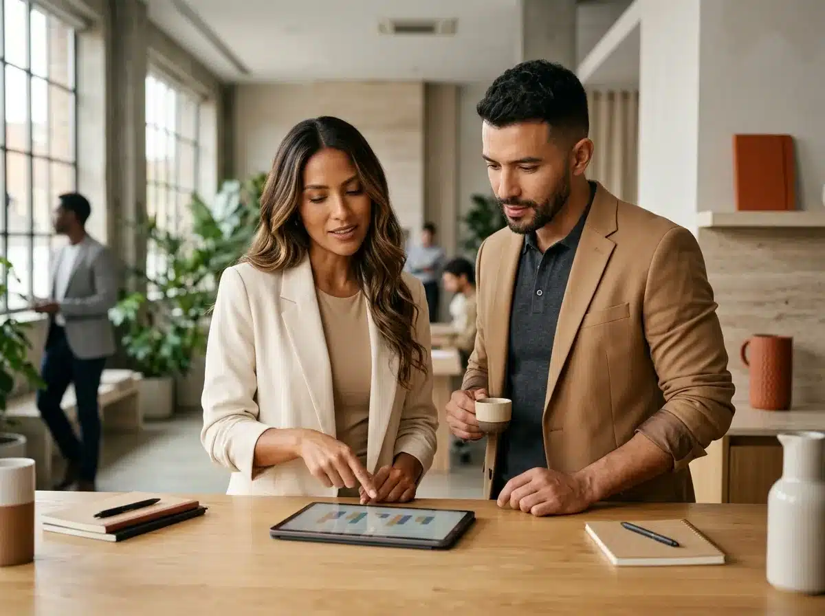 Dos directivos revisan en una tablet los números del negocio para fijar las metas del plan de marketing digital