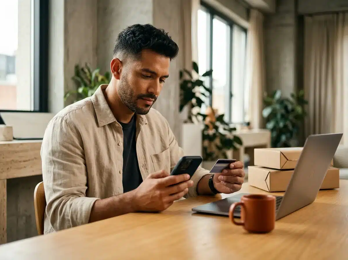Empresario hace un pedido de prueba con su celular para verificar los pagos de su tienda en Shopify