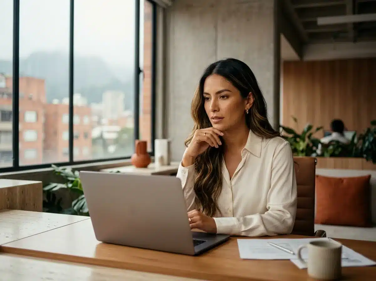 Gerente revisa resultados de tráfico orgánico en su laptop junto a la ventana