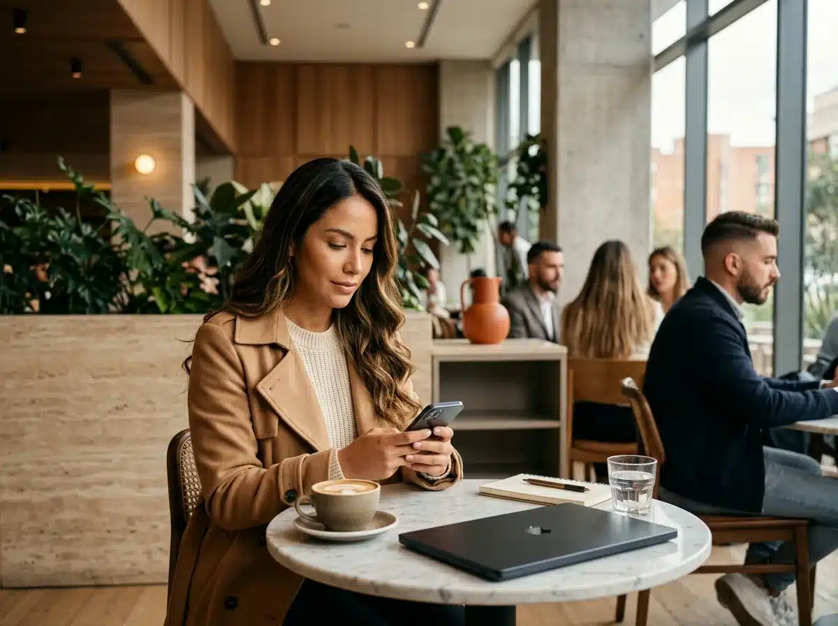 Ejecutiva comercial responde desde su celular a un cliente potencial