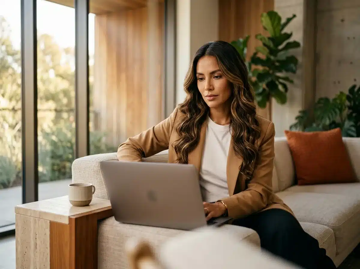 Gerente revisa en su laptop la web de una firma de servicios profesionales antes de contactarla